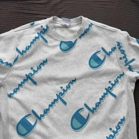 Champion Reverse Weave Sweatshirt Mens 2XL Gray Blue All Over Logo Pullover Crew - Picture 10 of 10